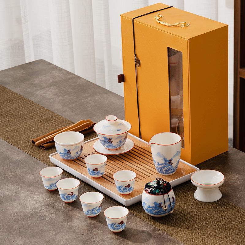 Dehua White Porcelain Sheep Fat Jade Kung Fu Tea Set Gaiwan Tea Cup Tea Tray Set Company Event Gift Souvenir