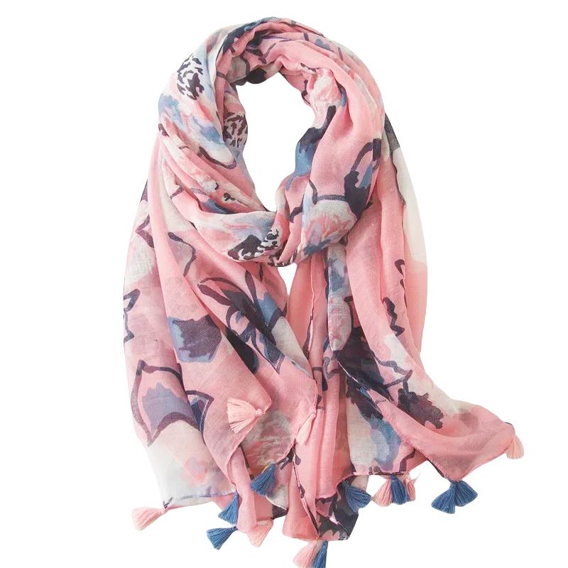 Lightweight Scarves Fashion Flowers Print Women Cotton Wrap Scarf Head Shawl Summer Gift