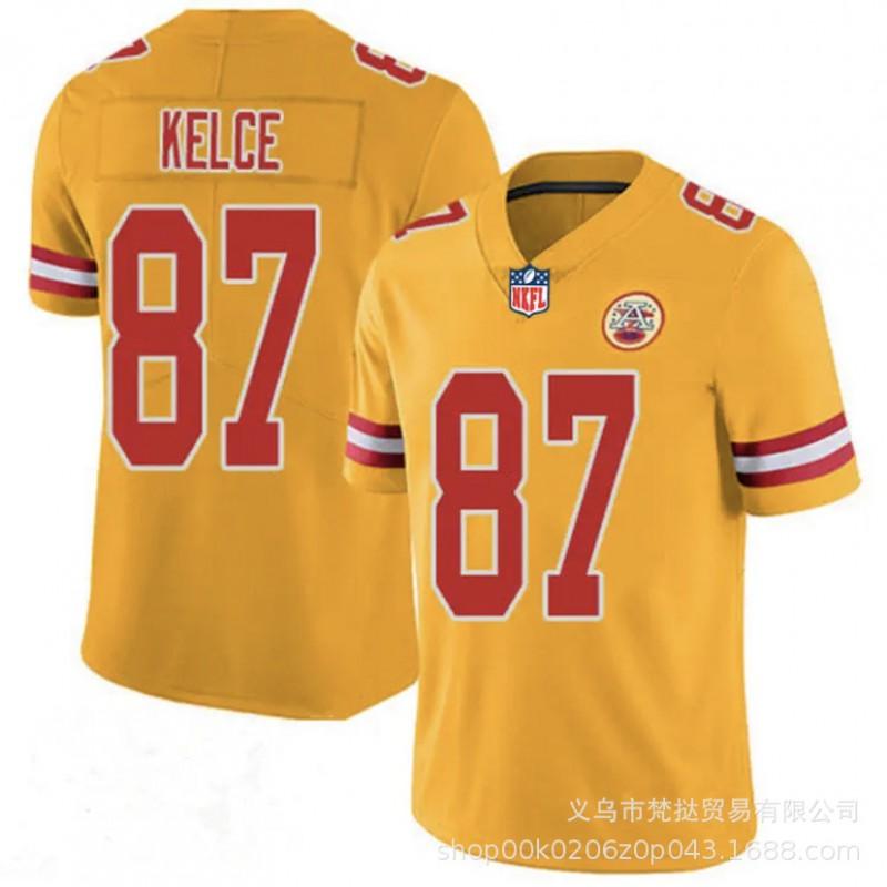 Мужская футбольная форма NFL Kansas City Chiefs Махоумс 15 Келси 87 Вышитая Красная Белая Желтая с коротким рукавом Спортивная одежда