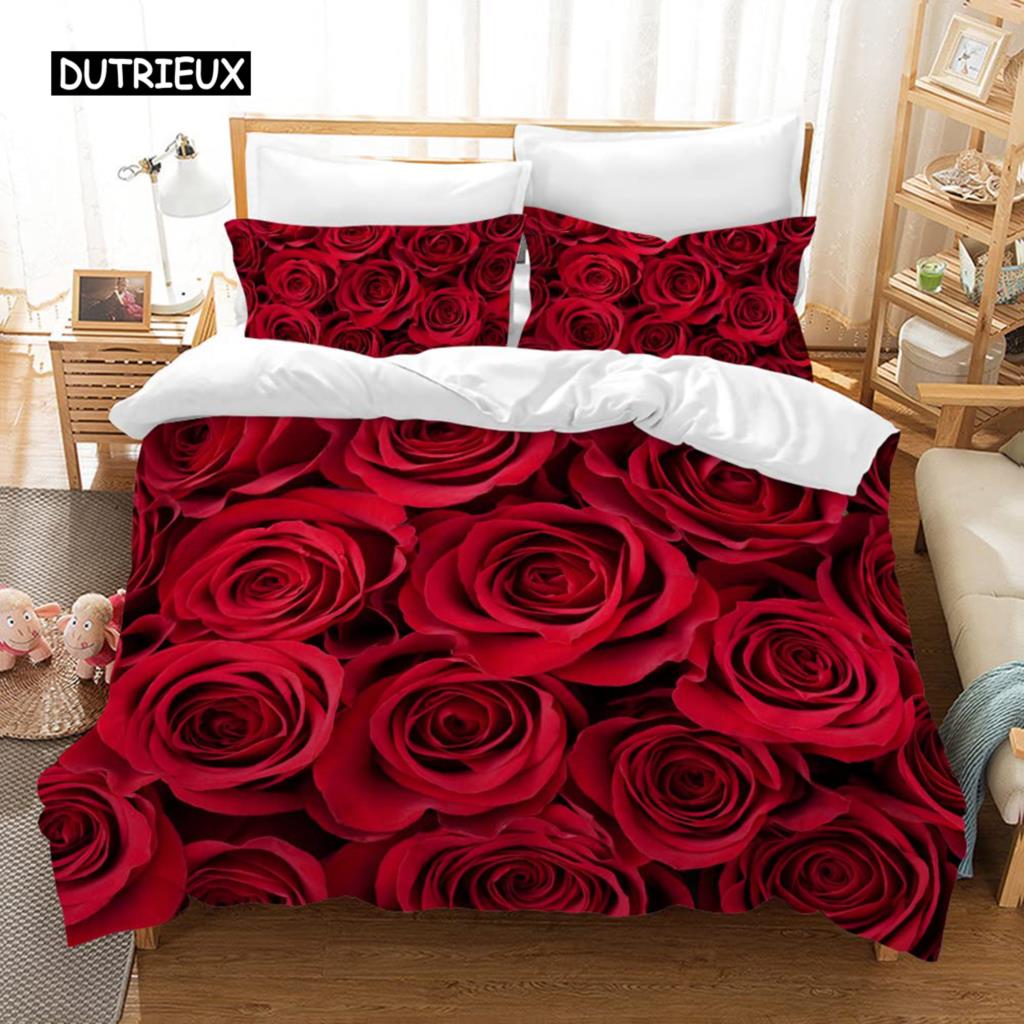 Комплект постельного белья с изображением розы, двуспальная кровать размера Queen, комплект постельного белья из микрофибры на День святого Валентина, повседневный комплект постельного белья из полиэстера на День матери