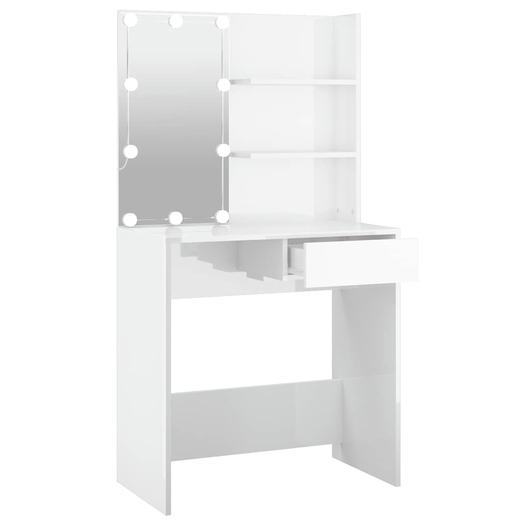 Makeup Table with LED Lights High Gloss White 74.5 x 40 x 141 cm