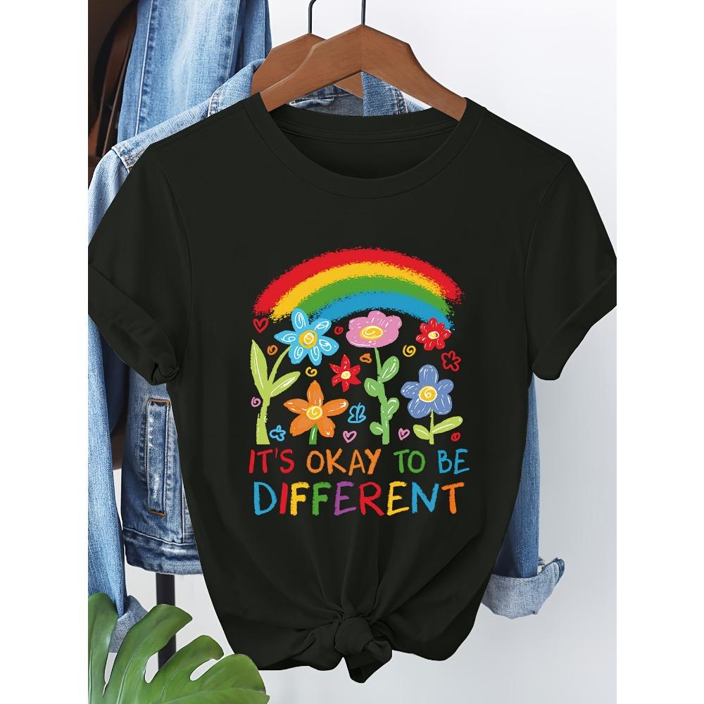 Женская футболка с коротким рукавом Радужный цветочный принт Буквы "It's Okay To Be Different" Летний повседневный топ с круглым вырезом