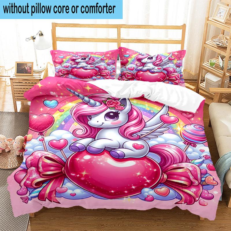 Rainbow Unicorns Garden 3pcs Bedding,Including 1pc Duvet Cover And 2pcs Pillowcases Perfect for Christmas,Ideal for Bedroom, Dormitory