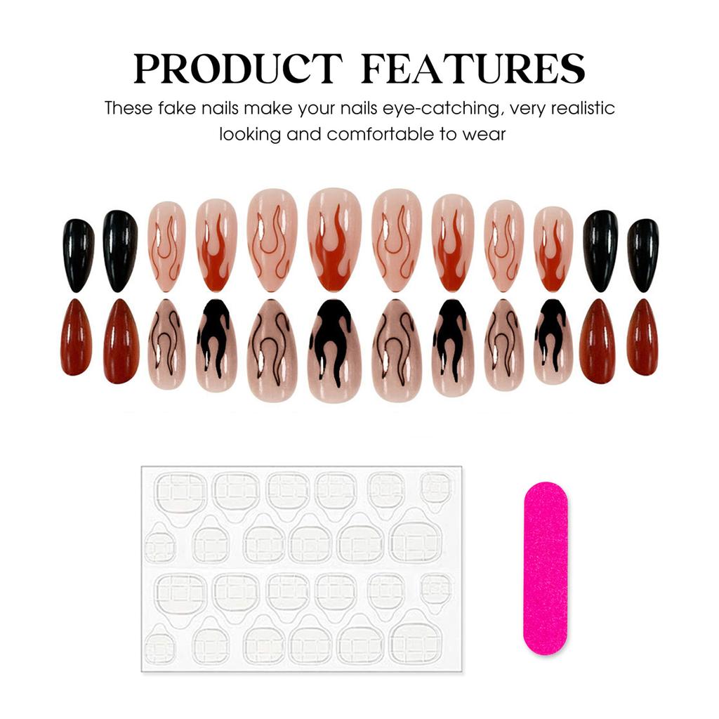 24PCS Almond Fake Nails with Flame Pattern Printed High Gloss Press On Nails for Halloween Party Costume