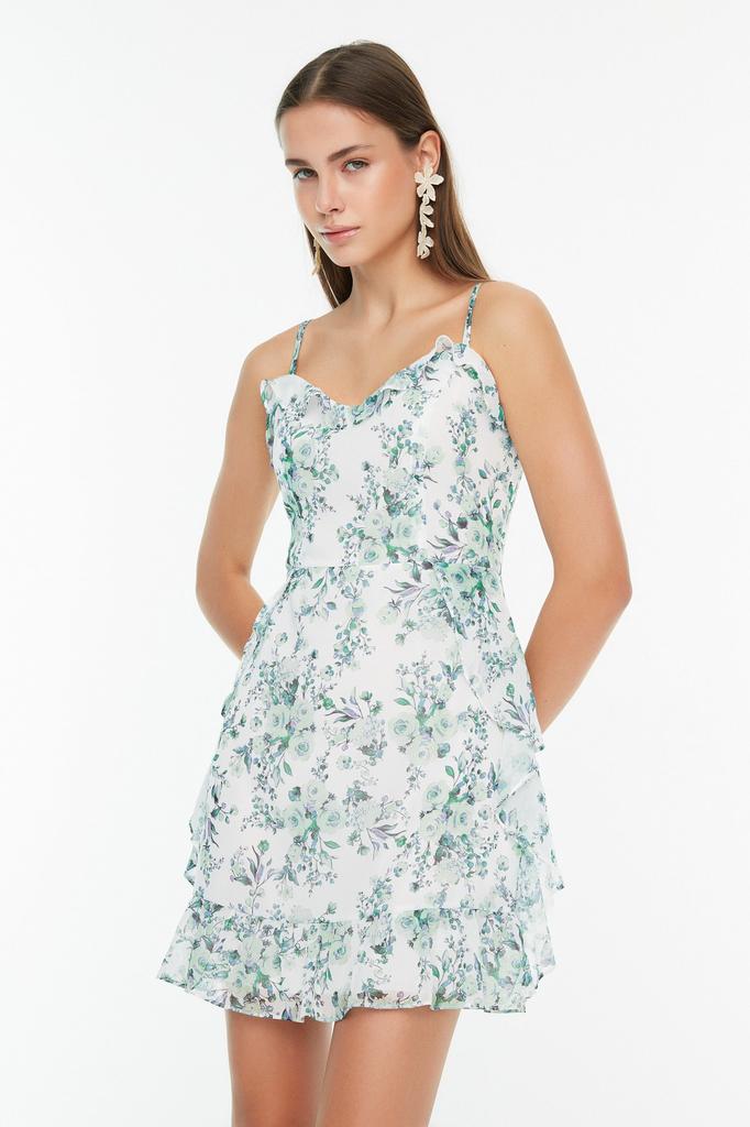 Женское платье, новый сезон, модное тканое платье трапециевидной формы с мятным цветочным узором и мини-подкладкой с воланами