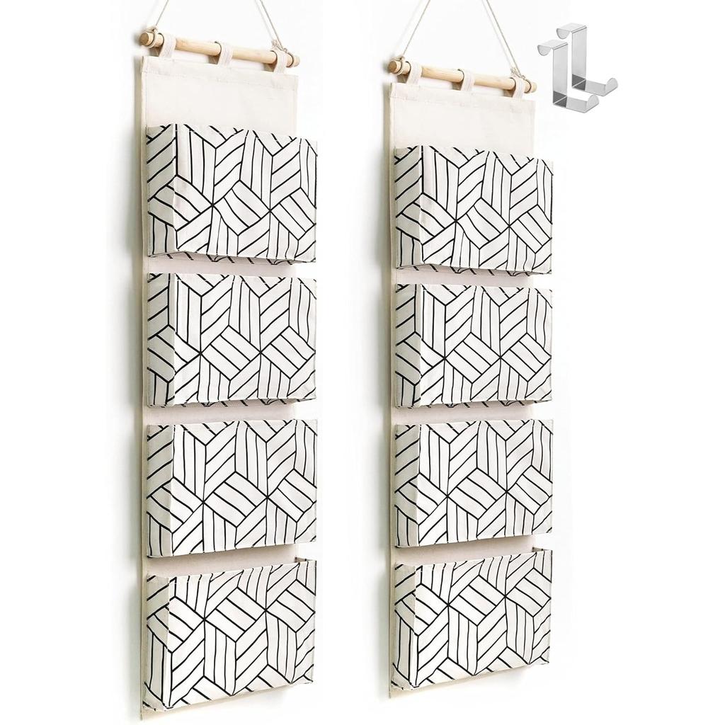 Over Door Hanging Storage Bags Wall Mount Closet Organizer, 4 Big Pockets Linen Cotton Fabric Living Room Bedroom Bathroom