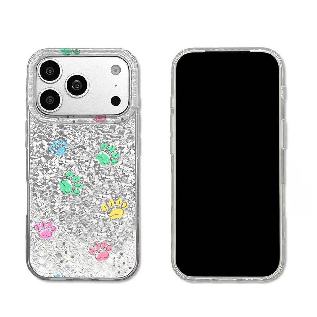 Phone Case for iphone XS Max 14 16 Plus Air 11 XR 12 13 15 18 Pro Max 17 Pro Colorful Paw Prints Silver Cracked Texture Shockproof Cover