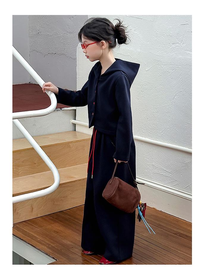 Big Girls' Navy Blue Autumn Fashion Set: Hooded Jacket & Casual Two-Piece Outfit (2025 Style)