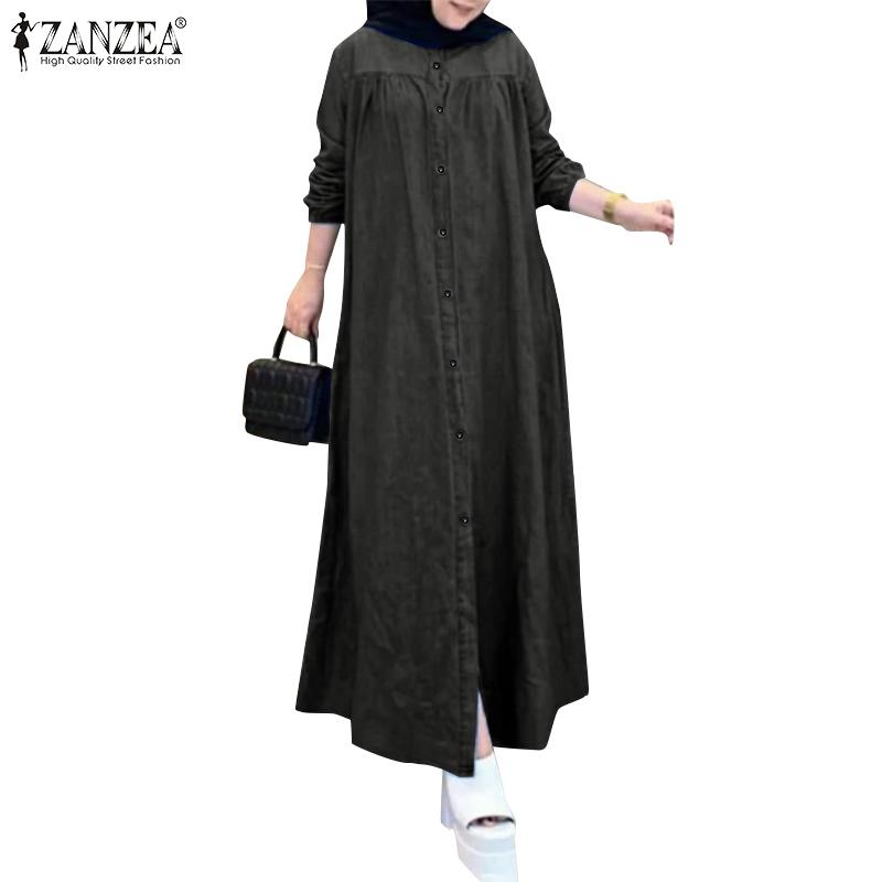 ZANZEA Женское повседневное платье с круглым вырезом и длинным рукавом из синего денима