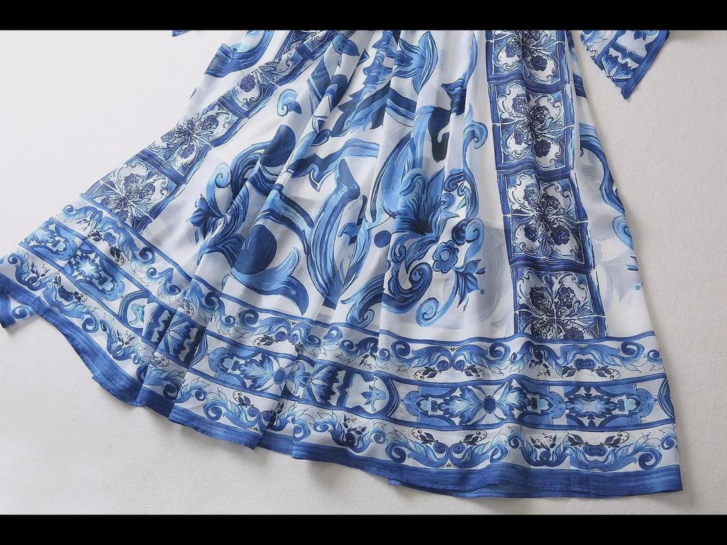 European & American Women's Chiffon Silk V-Neck Floral Print Maxi Dress