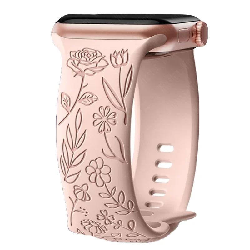 Ремешок с гравировкой и цветочным узором для Apple Watch Band Ultra 2 49/ 46/ 45/ 44/ 40/ 42 мм, браслет IWatch Series 10 9 8 7 6 SE 5 4