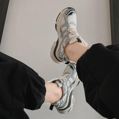 Версия из коровьей кожи~ Повседневные кроссовки для бега с сетчатой платформой цвета космического серебра, женские папины кроссовки