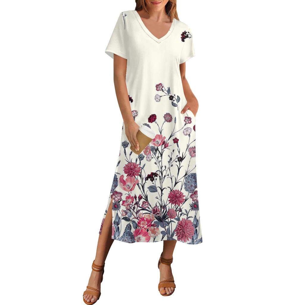 Women's Summer Floral Print Dress Short Sleeve Beach Dress With Pocket Casual V-neck Hem Side Slit Dress