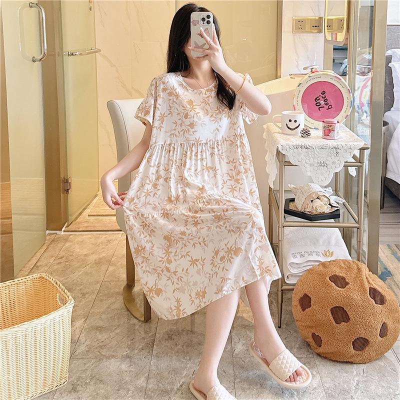 Cotton and silk nightgown women's spring and autumn casual short-sleeved large-size printed pajamas summer thin high-end cotton loungewear
