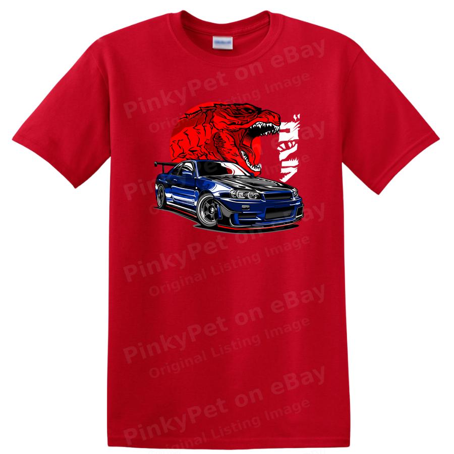 Blue Sports Car T Shirt with Red Dino Graphic Art Cool Tee for Car Enthusiasts