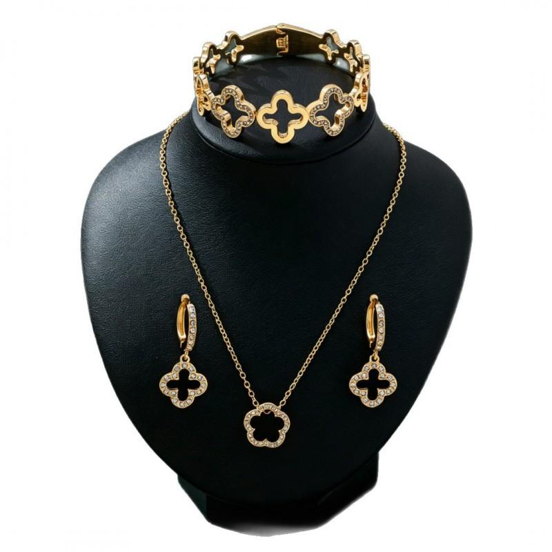 Elegant Floral Lucky Clover Crystal Pendant Necklace Set With Earrings Bracelet Women