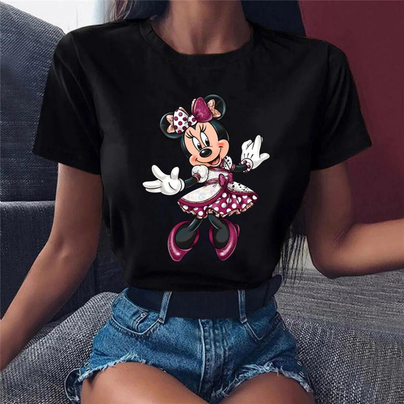Unisex Pink Minnie Mouse Print T-Shirt Black Tops Summer Short Sleeve T-shirt Casual O-neck Tees Tshirt