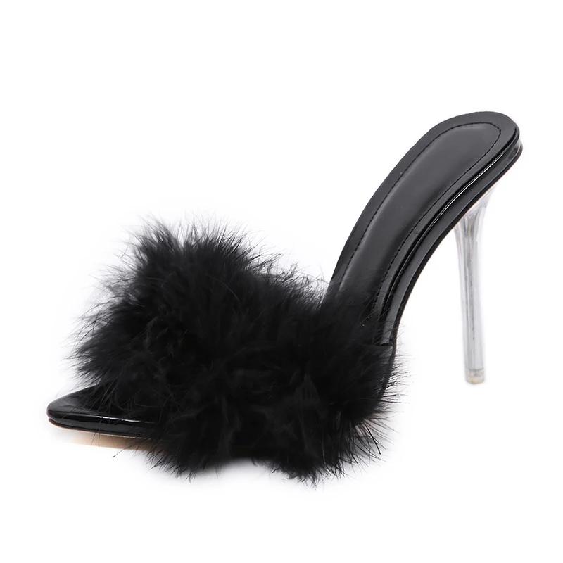 Maogu Stiletto Peep Toe Mules Lady Slides Shoes Transparent Cabolt Summer Sexy Feather Woman Slippers Perspex High Heels Zapatos