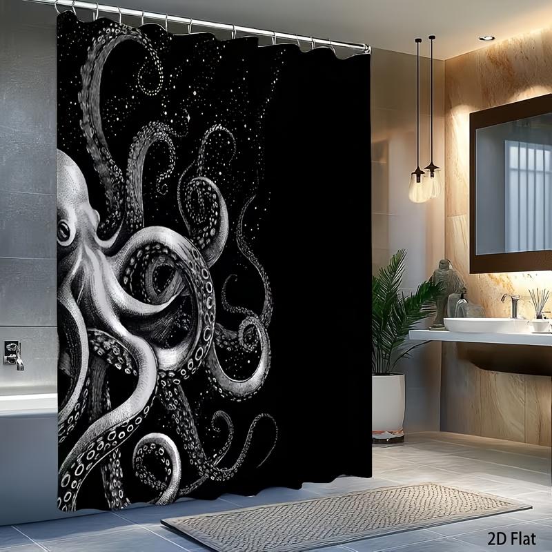 Waterproof Shower Curtain Octopus Kraken Deep Sea Art Liner Black Background Nautical Monochrome Bathroom Decor