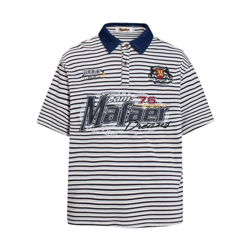 Vintage American Striped Polo Shirts Men Women Couple Loose Fit Short Sleeve Casual Tees With Letter Embroidery