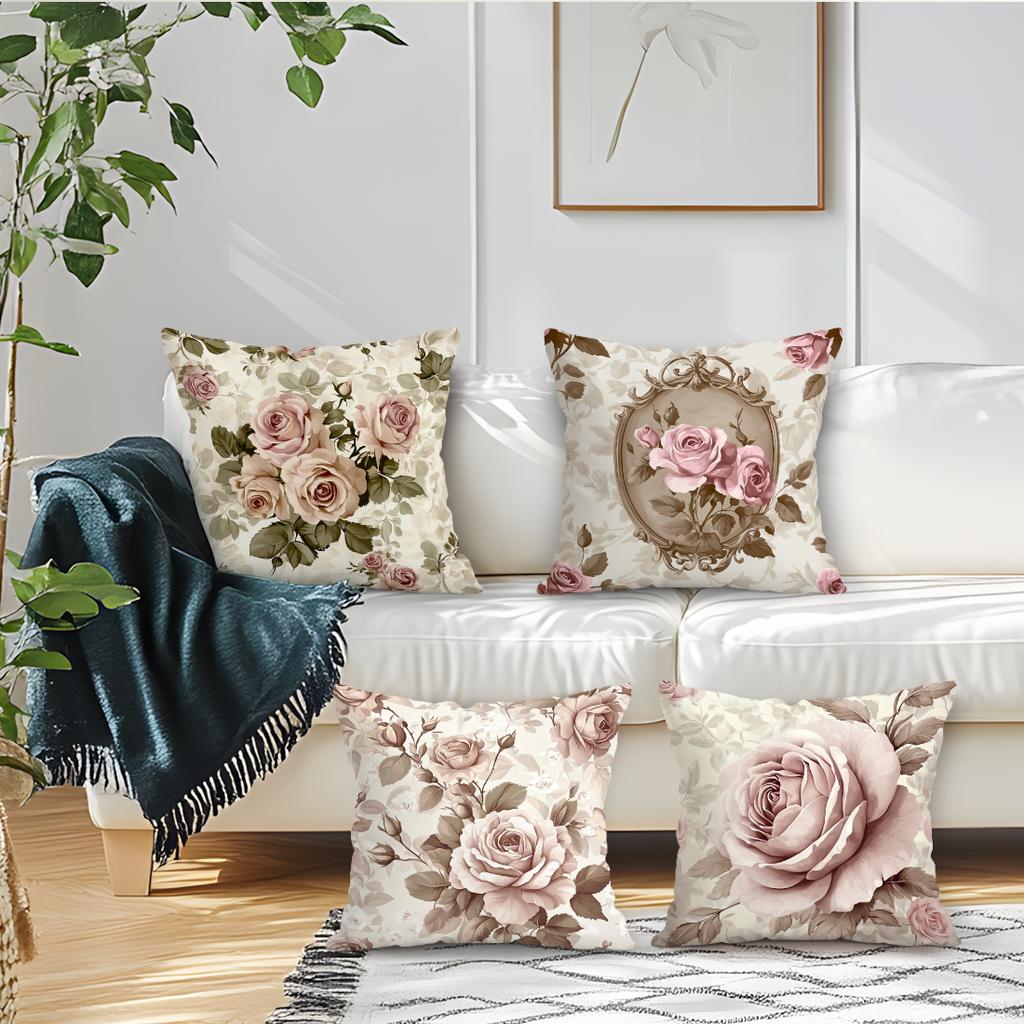 4 Pcs Pink Roses And Green Leaves Single-Sided Printed Pillowcase Cushion Cover,Suitable For Living Room,Bedroom,Car Decoration