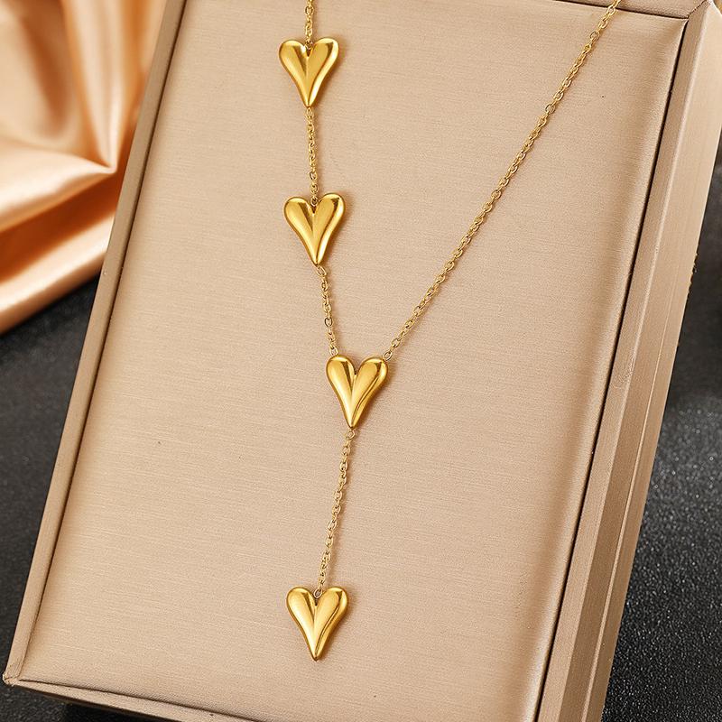 Stainless Steel Heart-Shaped Tassel Pendant Necklace for Women Gold Y-Shaped Clavicle Chain Jewelry