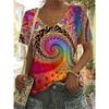 Summer V-neck 3D Colorful Swirl Pattern Irregular Printed Top Fashionable Casual Short Sleeved Women's T-shirts