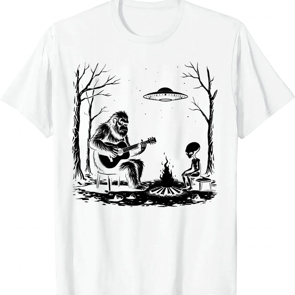 Bigfoot Guitar Tee Campfire Alien UFO Camping Sasquatch T-Shirt Funny Casual Graphic T Shirts Camiseta Streetwear Harajuku Unisex