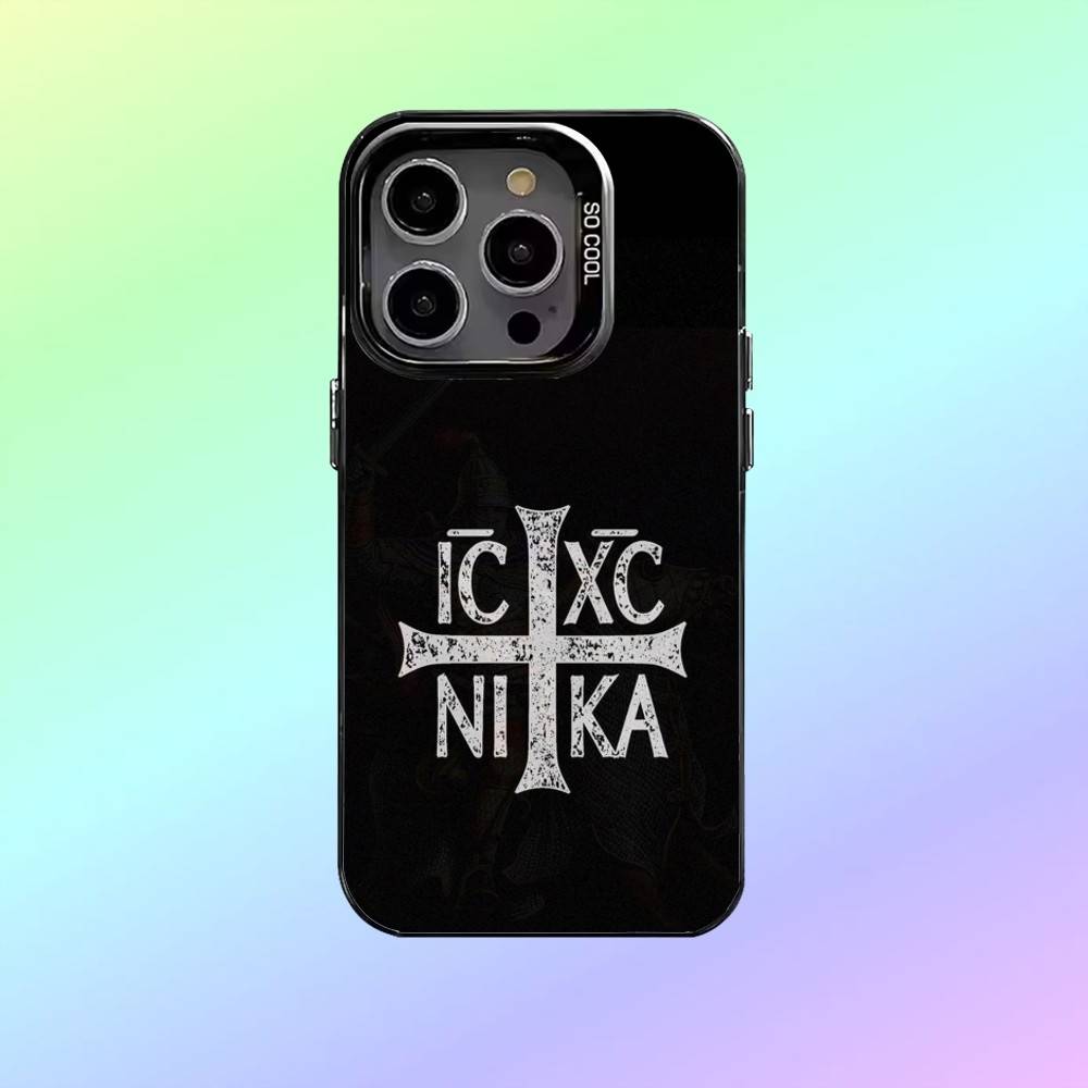 Чехол для телефона с иконкой Православного Креста О- для iPhone17,16,15,14,13,12,11 Покрытие с серебряным ободком для камеры Конфетное матовое покрытие