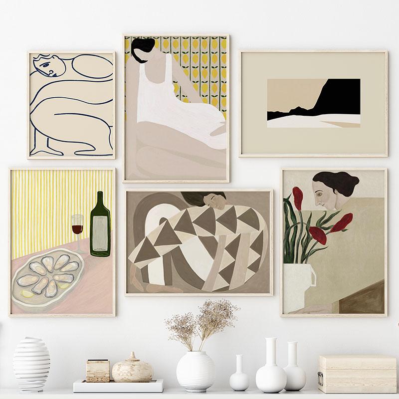 Абстрактный Постер Девушка Цветок Лимон Вино Настенное Искусство Холст Живопись Постеры и Принты Картины для Гостиной Спальни Домашний Декор