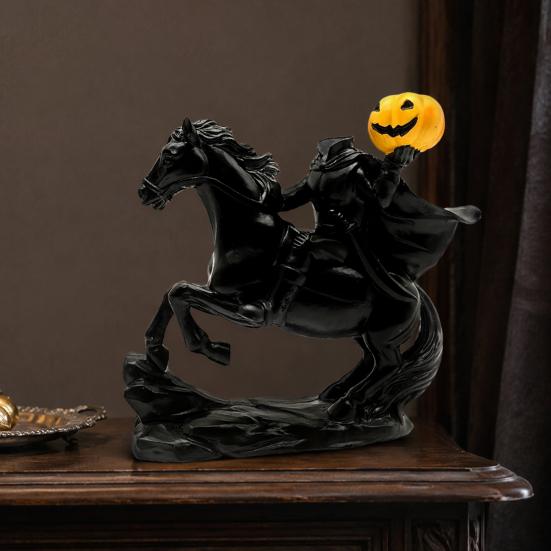 Unique Holiday Gift Headless Horseman Statue with Pumpkin, Horror Knight Holding Pumpkin Decorative Resin Ornament, Halloween Horse Sculpture
