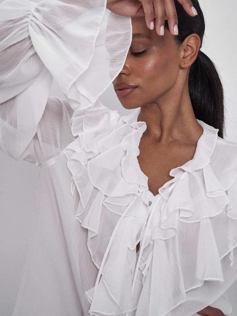 Стильная европейская и американская блузка с завязками, пышными рукавами и оборками, V-образным вырезом - однотонный женский весенний топ