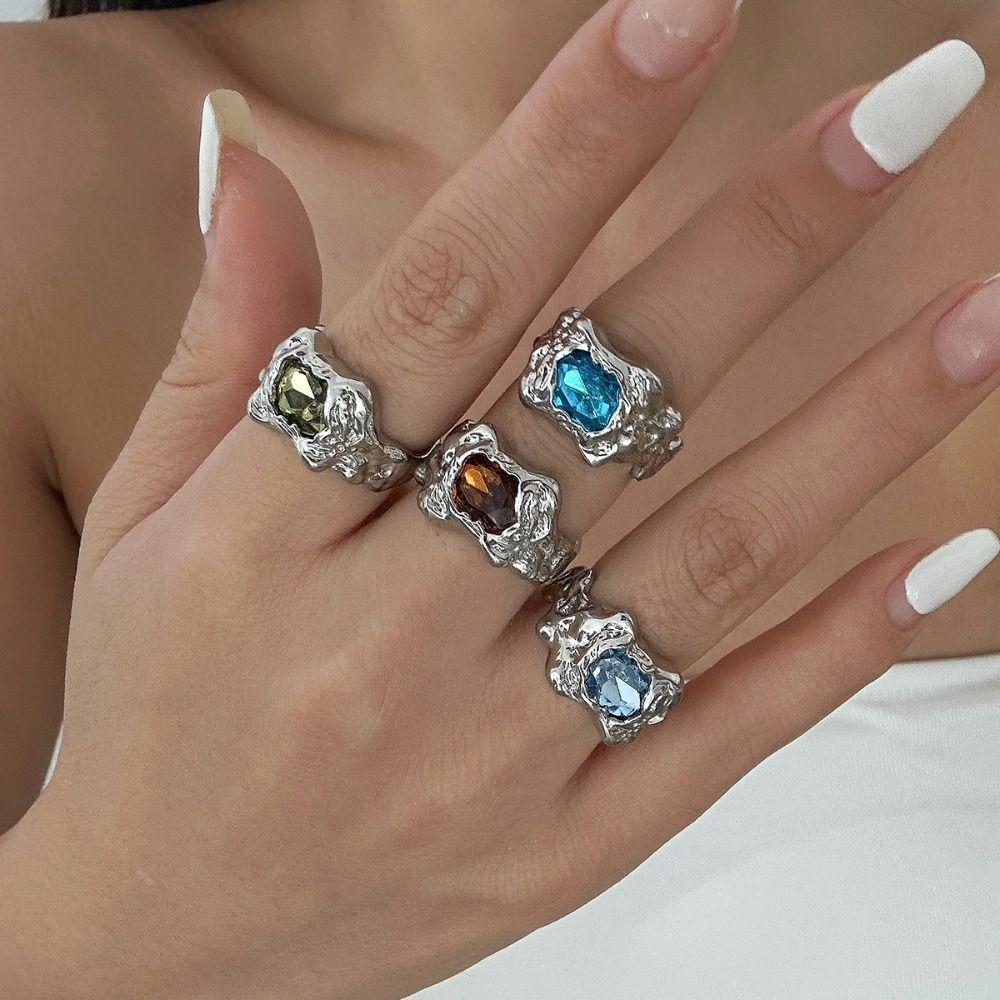 4Pcs Gold Silver Rhinestone Open Ring Irregular Exaggerate Rings Colored Gemstone Rings  Party