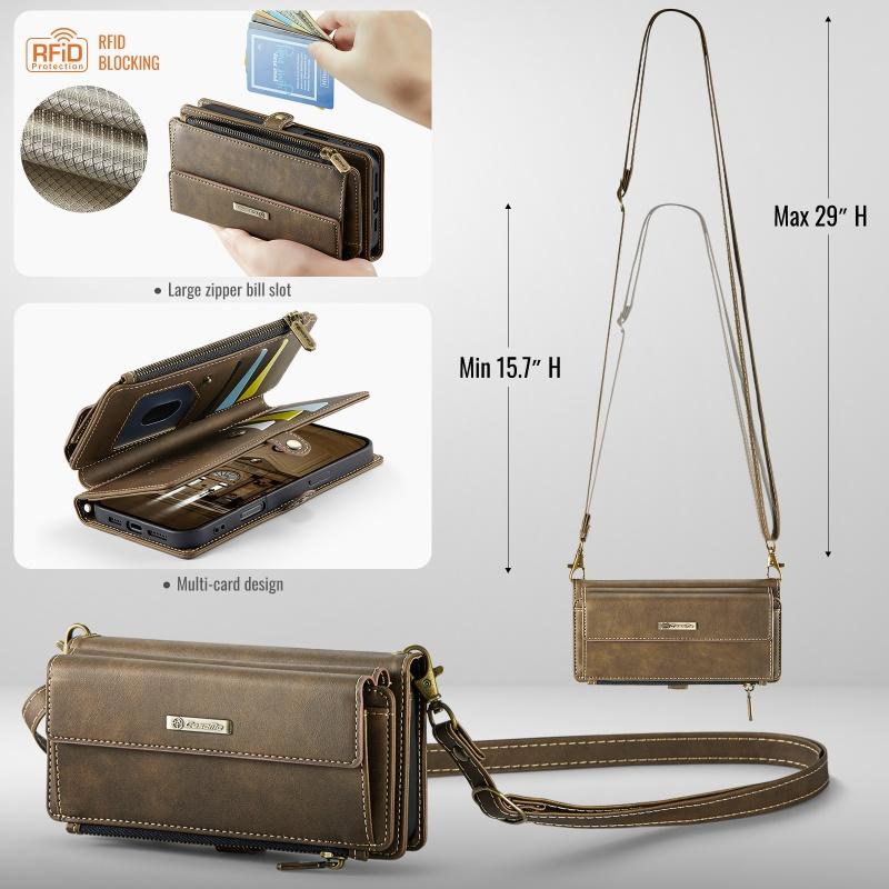 Чехол-бумажник с длинным ремешком из флип-кожи для Samsung Galaxy S26 Ultra S25 FE S24 Plus S23 S22 S21 A57 A17 A16 A56 A15 A55 A14 A54 с молнией и карманами для карт