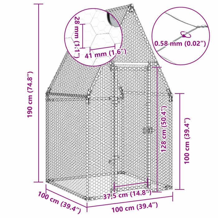 VidaXL Chicken Cage Silver 100x100x190 Cm Galvanized Steel, Chicken Coop, Chicken Run, Chicken Coop with Run, Hut 172549