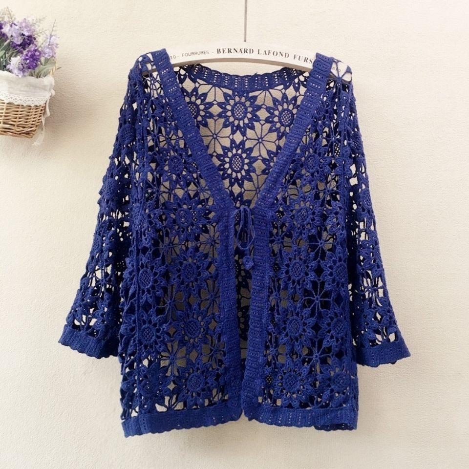 Женская трикотажная куртка с вырезами, хлопковый свободный кардиган, летняя солнцезащитная кружевная блузка с открытым передом