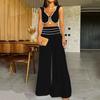 2 Pcs/Set Women Crop Top Pants Suit Low-cut V Neck Sleeveless High Waist Wide Leg Striped Solid Color Commute Soft Summer Top Culottes Set