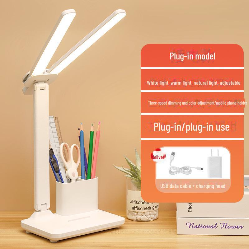 Настольная светодиодная лампа с двумя головками: Регулируемая, складная, подключаемая/перезаряжаемая прикроватная лампа для чтения для общежитий и детей