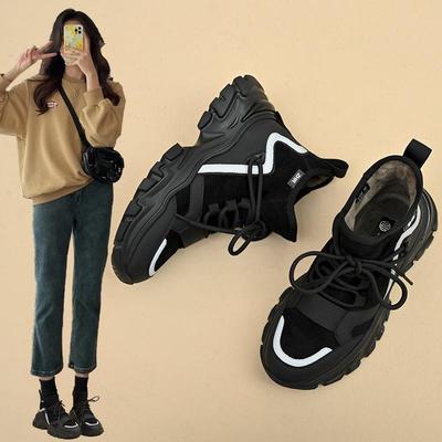 Женские спортивные туфли ZHR из черного бархата на толстой подошве с каблуком – Повседневная коллекция зима 2023 г.