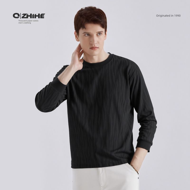 Origami Crane Design Jacquard T-Shirt for Men, Versatile Loose Round Neck Base Shirt, 2025 New Style Long Sleeve Top 8911