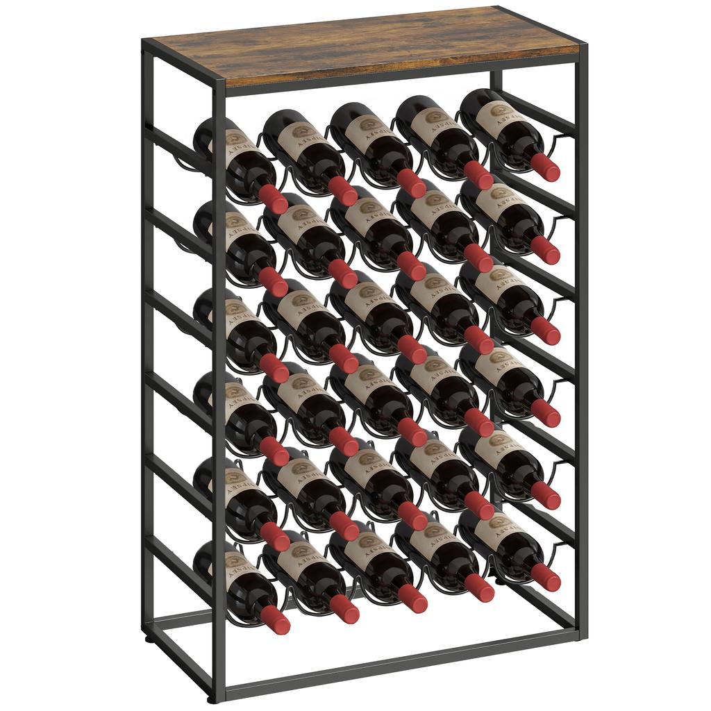 30 Bottles Wine Rack, 6 Tier Free Standing Wine Storage Holder with Wood Effect Tabletop, Rustic Brown