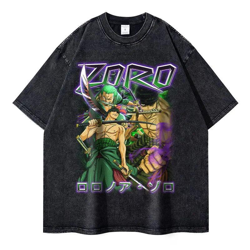 One Piece Roronoa Zoro Conquerors Haki Purple Aura Vintage Washed Tshirt 2026 Summer Streetwear Anime Graphic Tee For Men Women