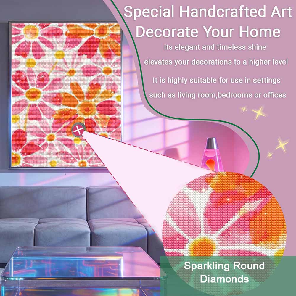 5D Diamond Painting Kit. Pink and Orange Flower Art Diamond Mosaic Craft. Handmade Home Decoration for Living Room and Bedroom