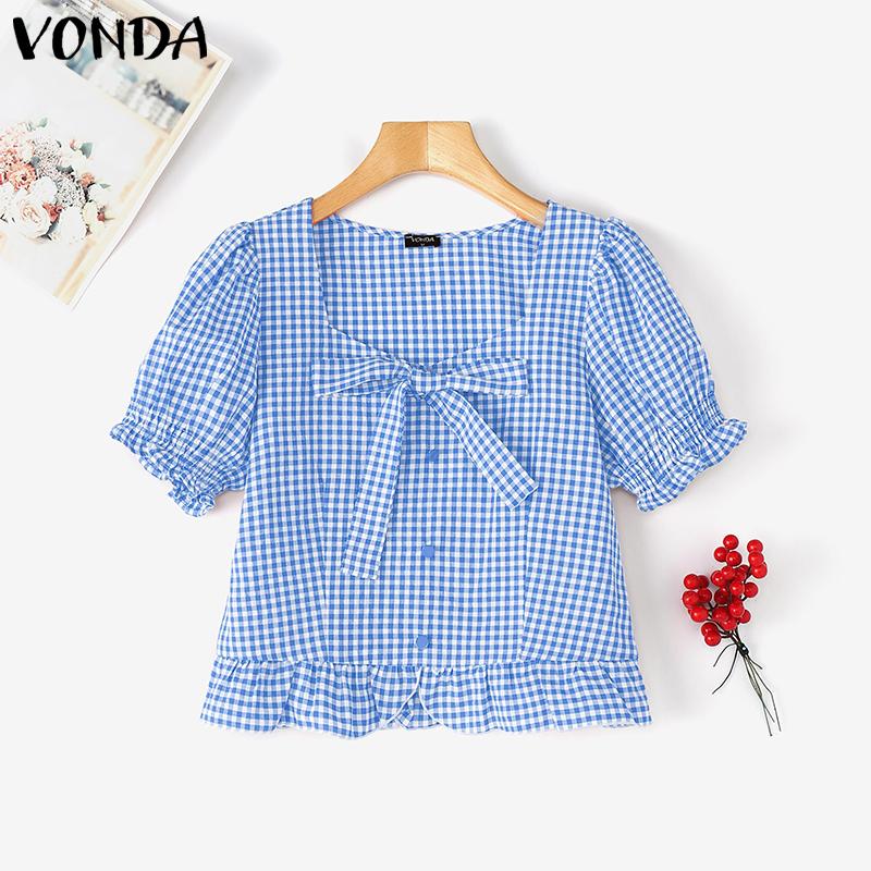 VONDA Женские летние повседневные футболки с квадратным воротником и короткими рукавами-фонариками, принтом в клетку и бантом