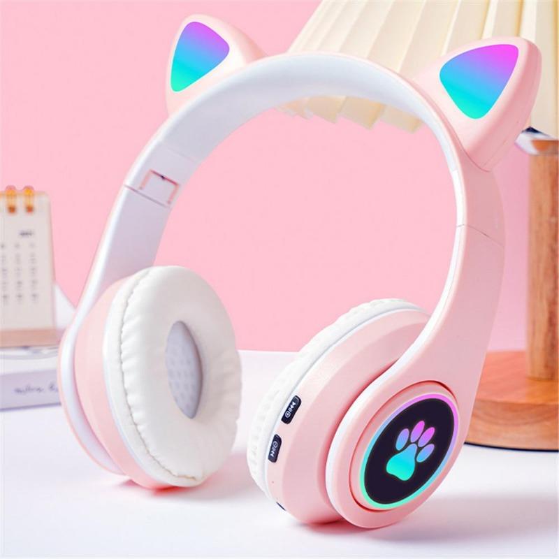 Наушники с милыми кошачьими ушками Bluetooth 5.0, беспроводная игровая гарнитура, бас с шумоподавлением, стерео HiFi, поддержка музыки, TF-карта, Casco, микрофон, подарок для девушки, розовый