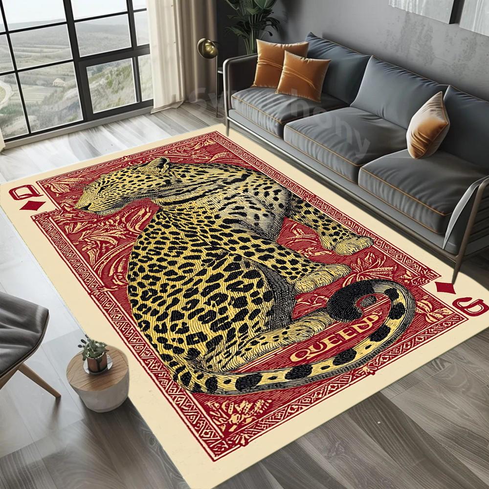 Regal Panther Queen Area Rug Red Black Playing Card Design Carpet with Spade Symbols for Game Room Decor Non-Slip Floor Mat