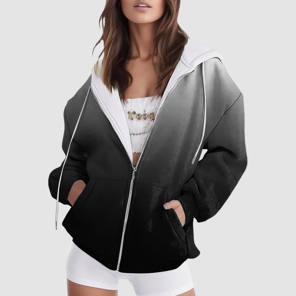 2024 Новая женская толстовка с капюшоном с градиентом, зимняя, с длинным рукавом, на шнурке, с капюшоном, с двойными карманами, на молнии, повседневная уличная одежда