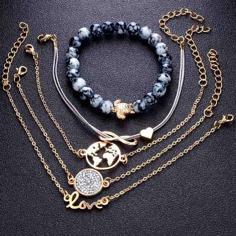 5Pcs/Set Bohemia Handmade Turtle Letter Infinity Love Map Bracelet Set Women Bracelets Set for Women White Rope Chain Bracelet