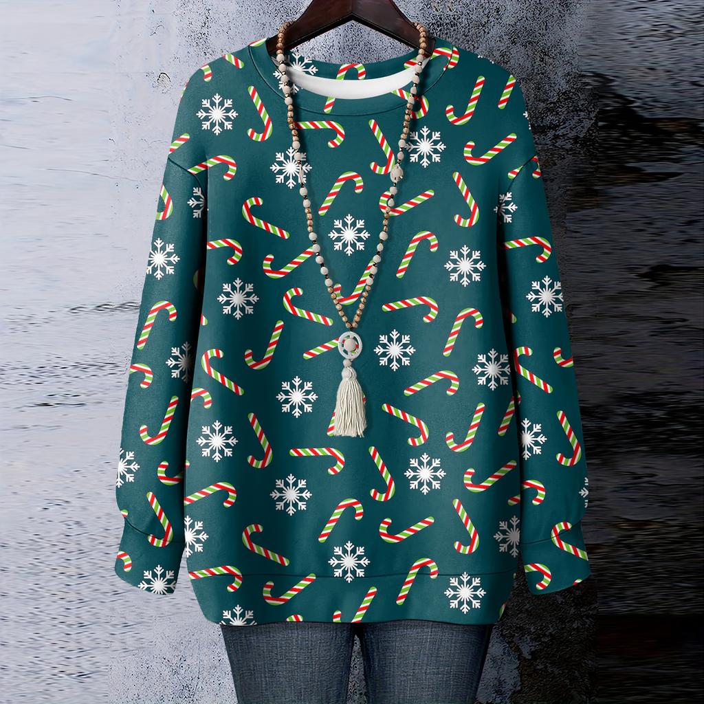 Ladies' Christmas Printed Round Neck Long Sleeved T-shirt Sweatshirt Top