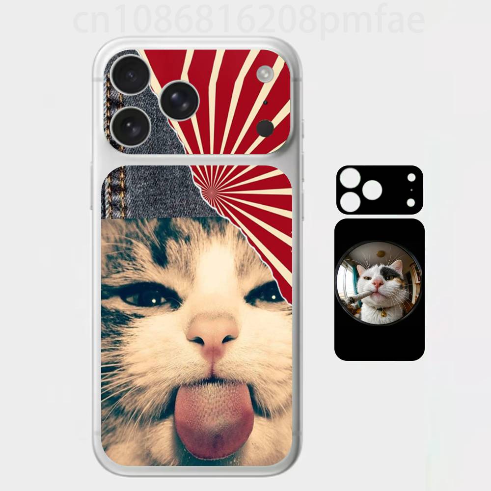 Забавный кот Премиальная наклейка-обертка для iPhone 17 Pro/Max, Защитная наклейка на заднюю панель и рамку камеры (Не чехол)